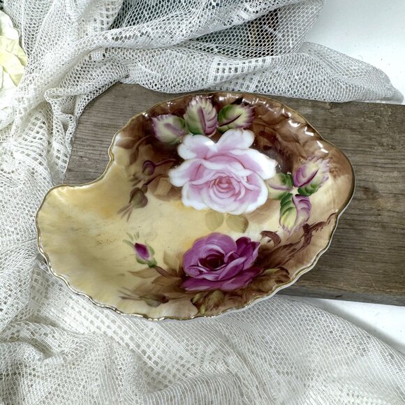 Antique Lefton China Rose Shell Dish With Pink & Purple Floral Design - Picture 7 of 8